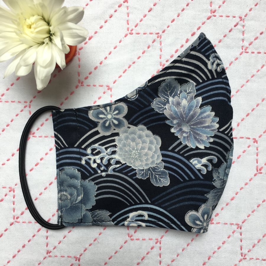 Japanese Blue Flowers and Waves Fans Cotton Reusable Face Mask Women Medium