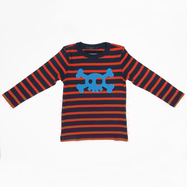 Pirate t-shirt, hand appliquéd skull & crossbones. Orange navy stripe. 18m-2yrs