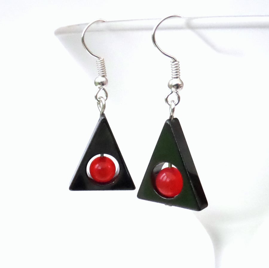 Triangular hematite earrings, with red jade