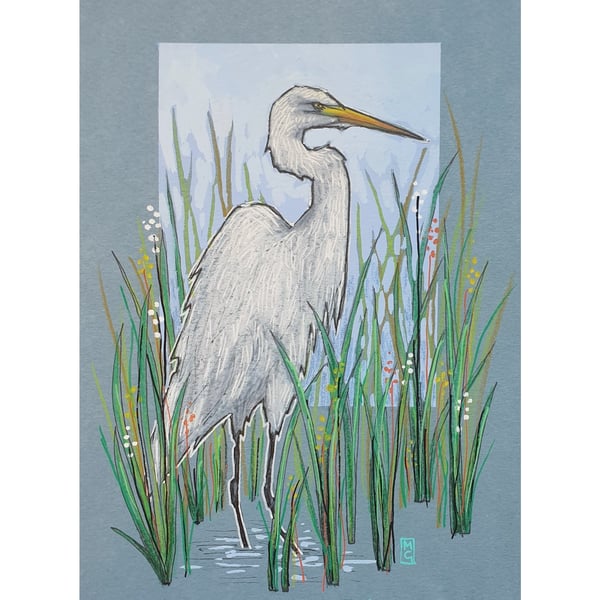 Great White Egret small original drawing, bird artwork, wall art