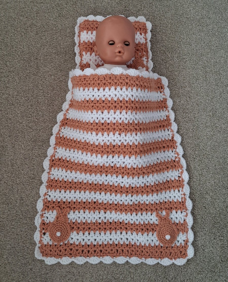 Crochet Set Peach Colour Doll Blanket With Bunny Rabbit Motifs (J157)