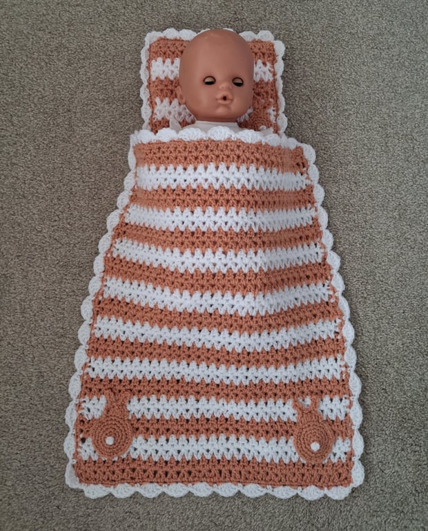 Crochet Set Peach Colour Doll Blanket With Bunny Rabbit Motifs (J157)