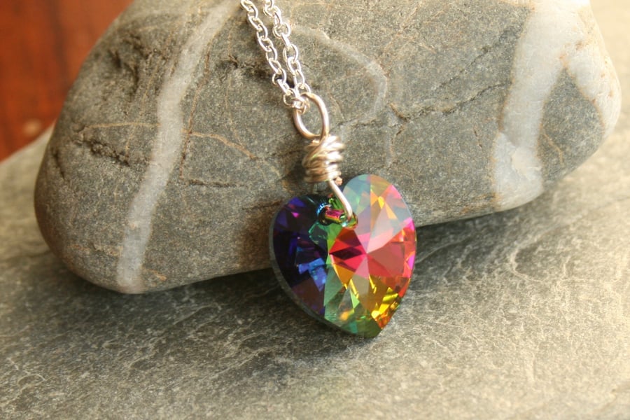 Swarovski necklace, heart necklace, rainbow necklace