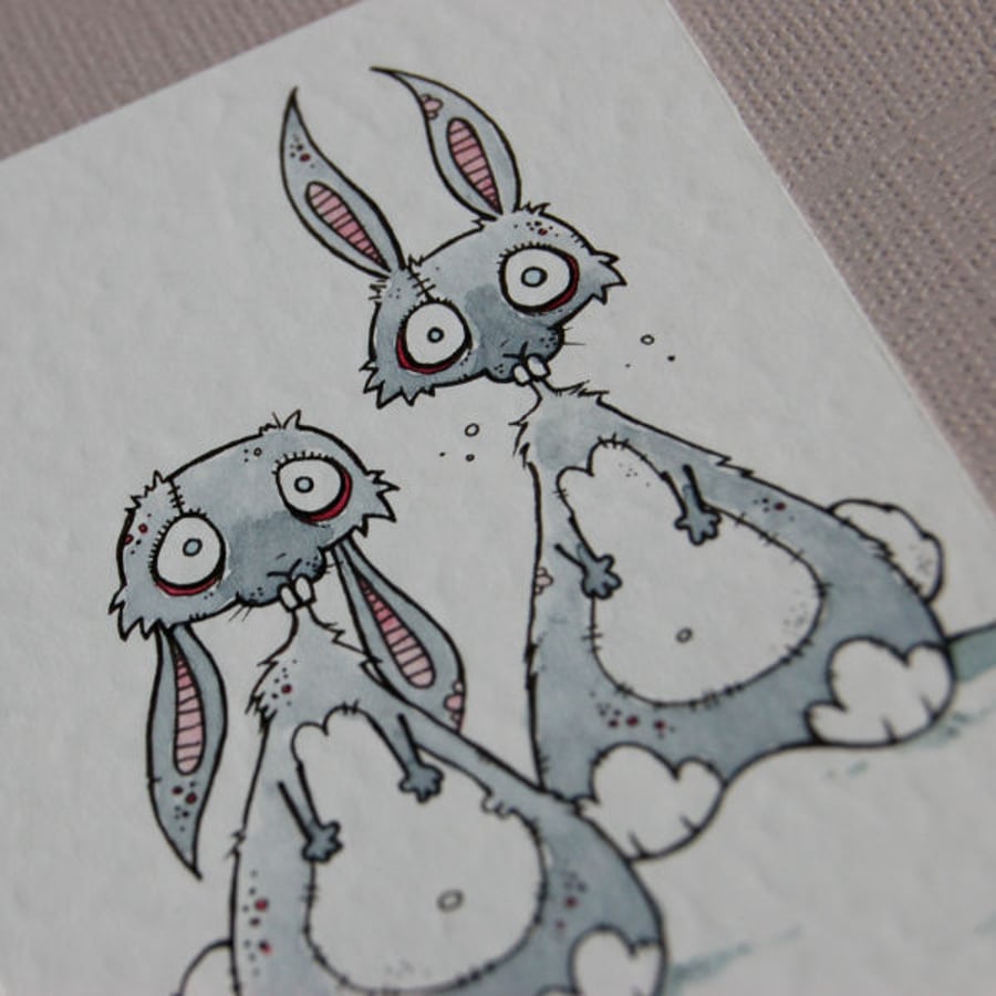 festive zombie rabbit pair - original aceo