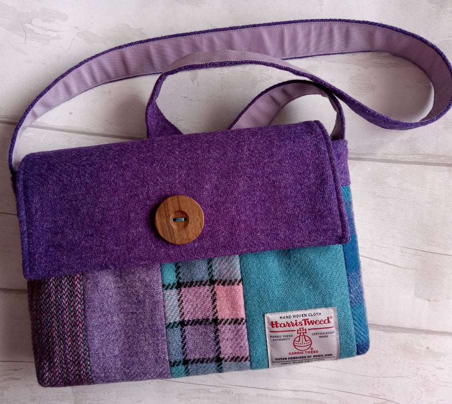 'Harris Tweed'® Patchwork Crossbody Bag in Purple, Turquoise & Pink