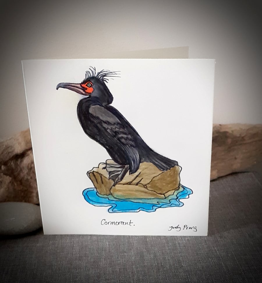 Hand drawn cormorant coastal bird card 