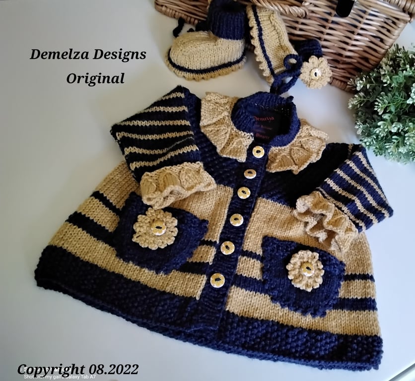 Baby Girl's Designer Hand Knitted Dress & Booties Set  3-9 mths ONE OFF