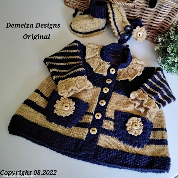 Cosy Navy Blue Baby Girl's Designer Knitted Dress & Booties 3-9 months size