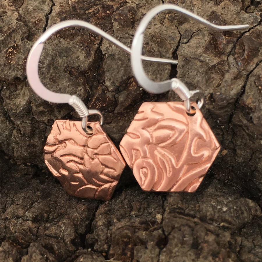 Copper & Silver Drop earrings - Hexagon silver copper earrings . Hook Earrings