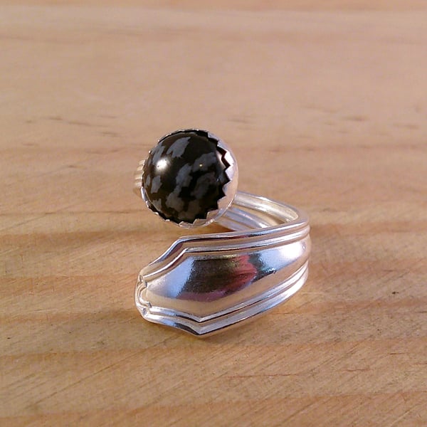 Upcycled Sterling Silver Dubarry Spoon Handle Ring with Snowflake Obsidian