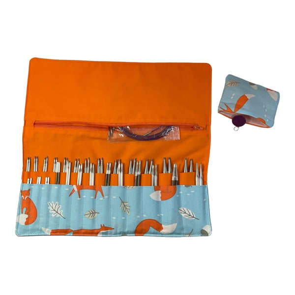Interchangeable knitting needle case with foxes, holds 2 sets,