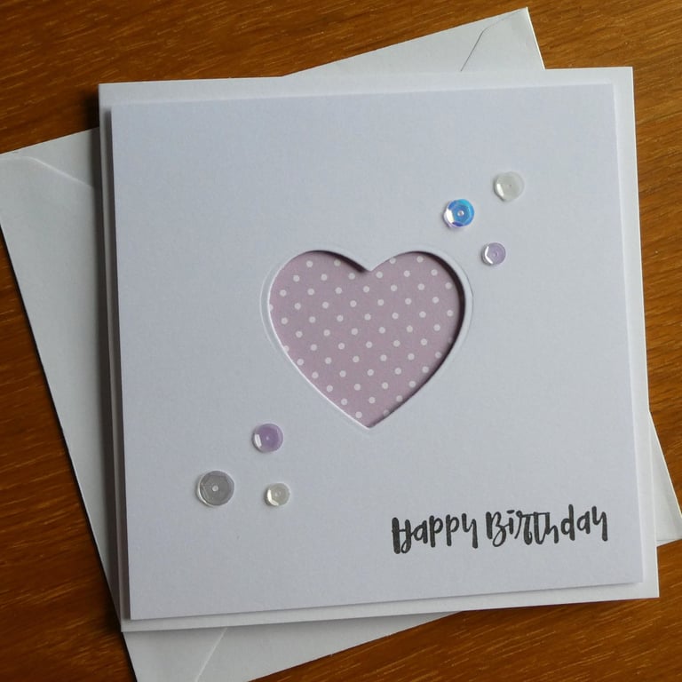 Birthday Card - Soft Lilac and White Polka Dot Heart Aperture