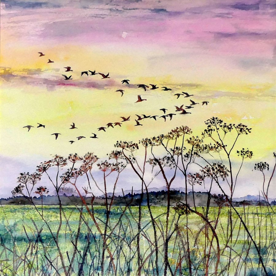 Original Fen Sunset Watercolour with Geese In Formation