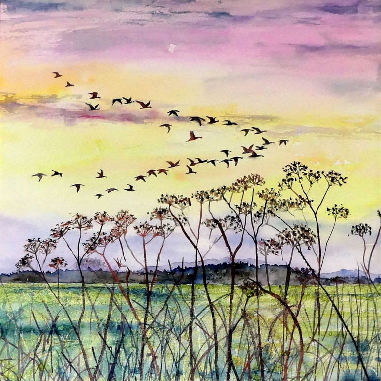 Original Fen Sunset Watercolour with Geese In Formation