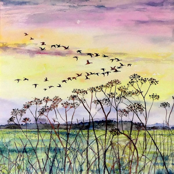 Original Fen Sunset Watercolour with Geese In Formation