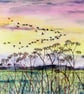 Original Fen Sunset Watercolour with Geese In Formation