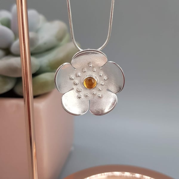 Sterling Silver Springbloom Citrine Flower Pendant With Chain
