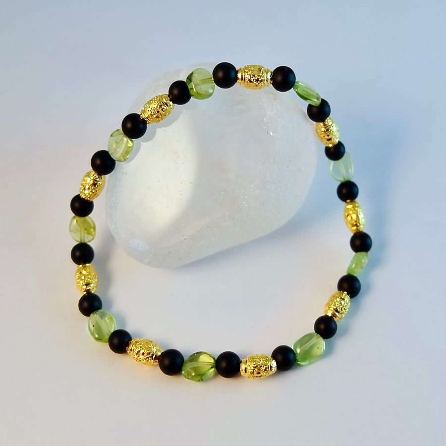 Peridot And Onyx Bracelet - August Birthday, Leo, Anniversary, Gifts For Her