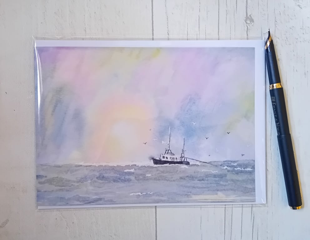 Sea card. Ocean card. Boat card. Blank greetings card. Any occasion card.