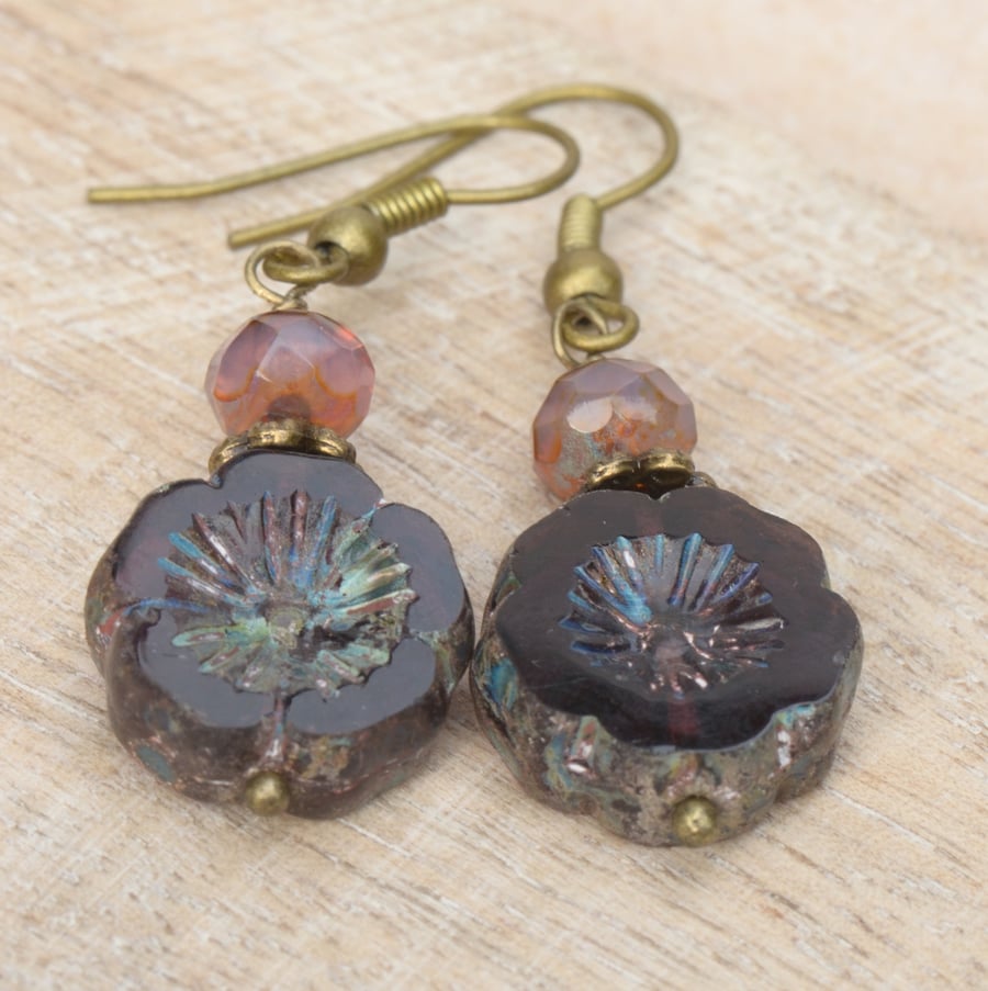 Dark Purple Czech Blossom & Pink Glass Bead Earrings