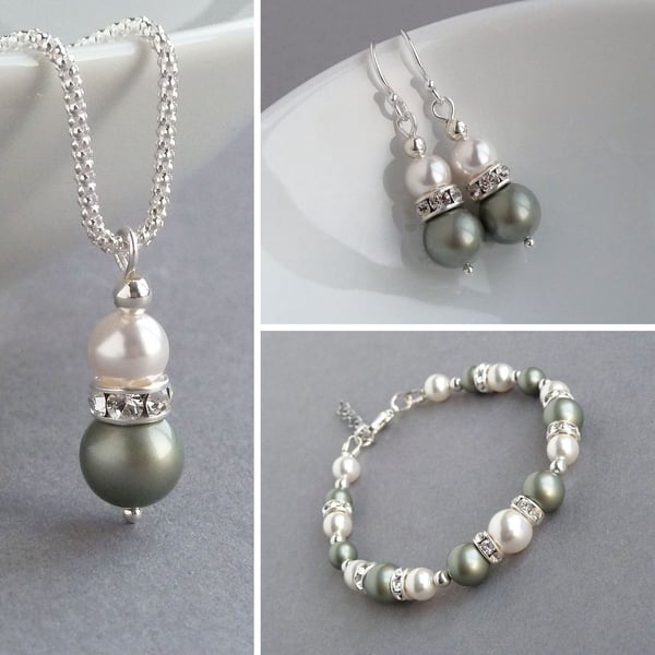 Dusty Green Pearl and Crystal Jewellery Set - Pastel Green Wedding Jewellery Set