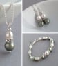 Dusty Green Pearl and Crystal Jewellery Set - Pastel Green Wedding Jewellery Set - Image 1