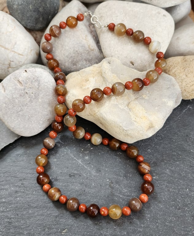 Heliotrope and coffee lace agate necklace with sterling silver