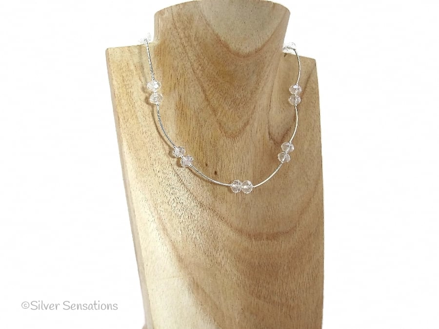 Faceted Clear Crystal Rondelles & Sterling Silver Necklace