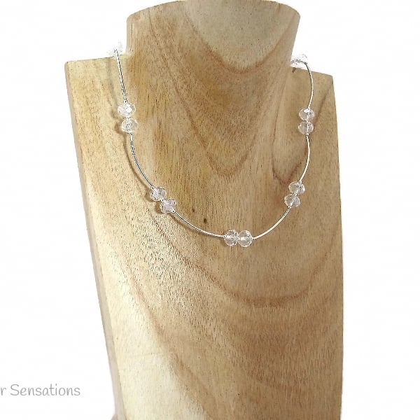 Faceted Clear Crystal Rondelles & Sterling Silver Necklace