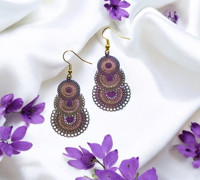 Electroplated Boho earrings, colour changing earrings, metal earrings, purple ea