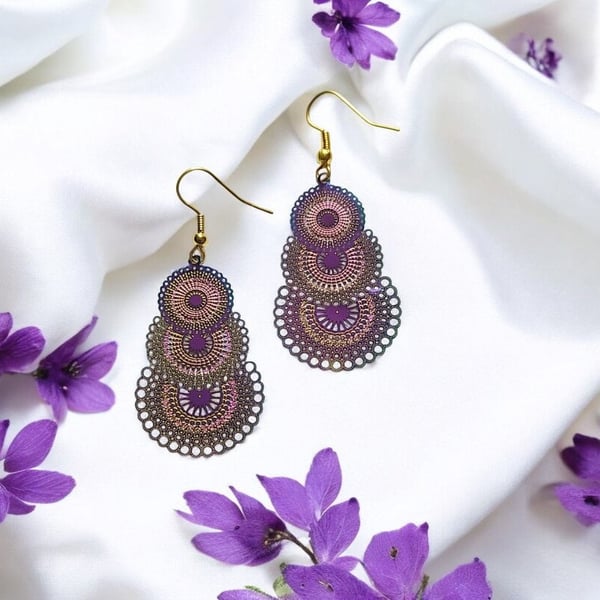 Electroplated Boho earrings, colour changing earrings, metal earrings, purple ea