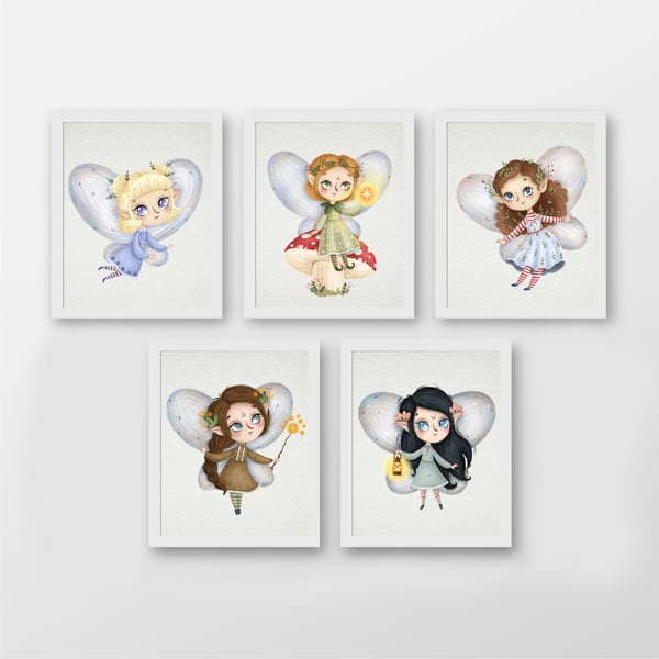 Watercolour forest fairy nursery prints, fairies girl's wall decor