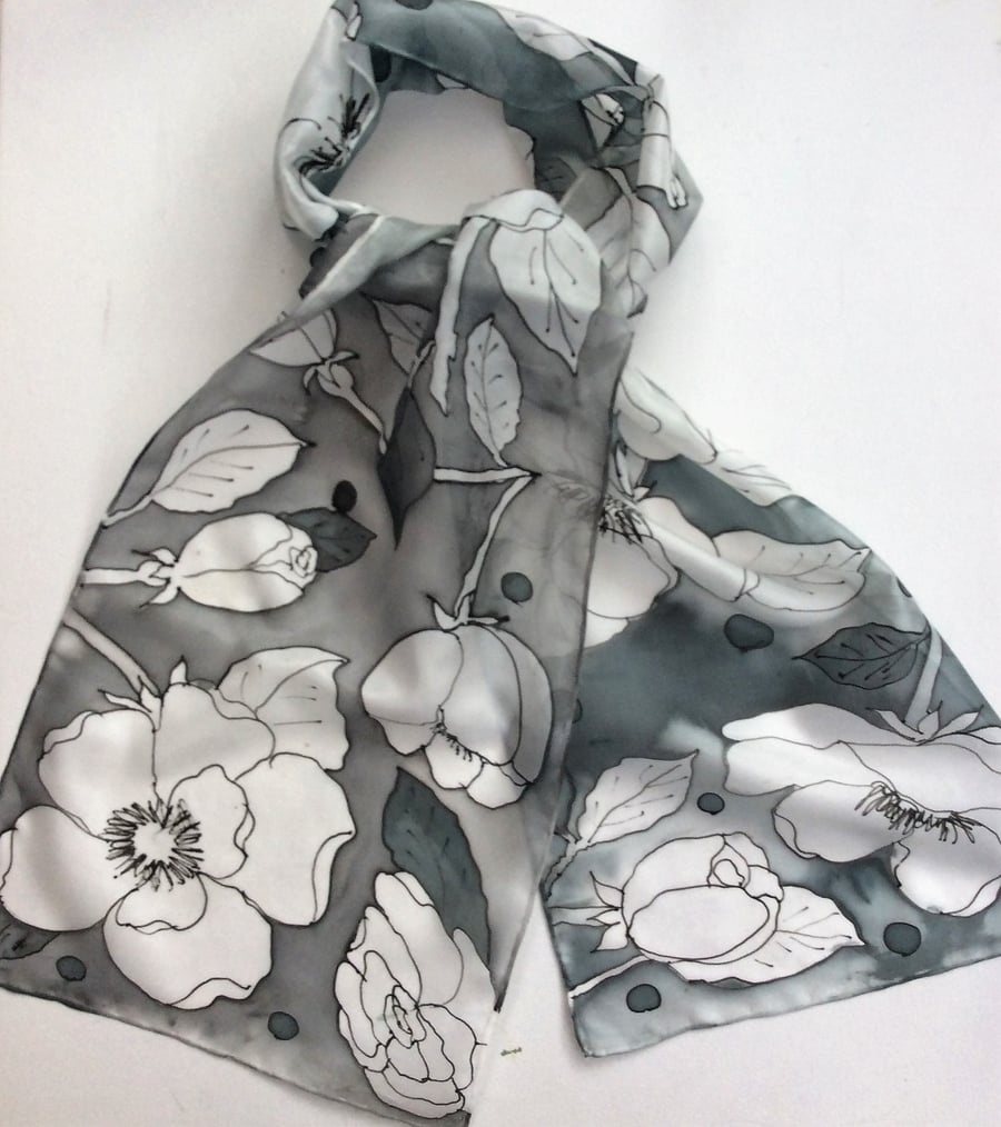 White Rose Silky Scarf  Hand Painted Silk Scarf White Roses – Floral Chiffon Shawl  main image 4