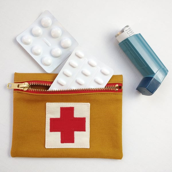 Pocket-size First Aid Purse with Appliquéd Red Cross. Upcycled fabrics.