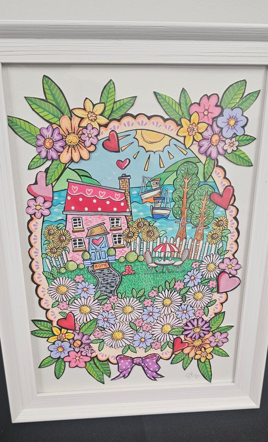 A cute little polkadot cottag with lots of flowers layered original artwork.