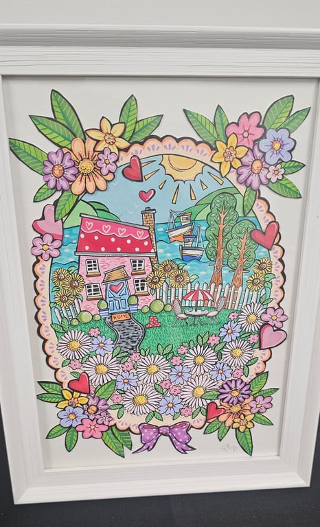 A cute little polkadot cottag with lots of flowers layered original artwork.