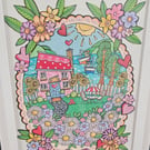 A cute little polkadot cottag with lots of flowers layered original artwork.