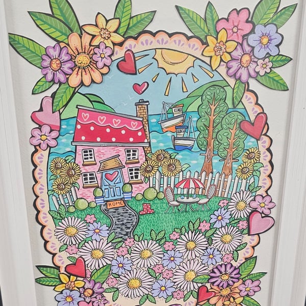 A cute little polkadot cottag with lots of flowers layered original artwork.