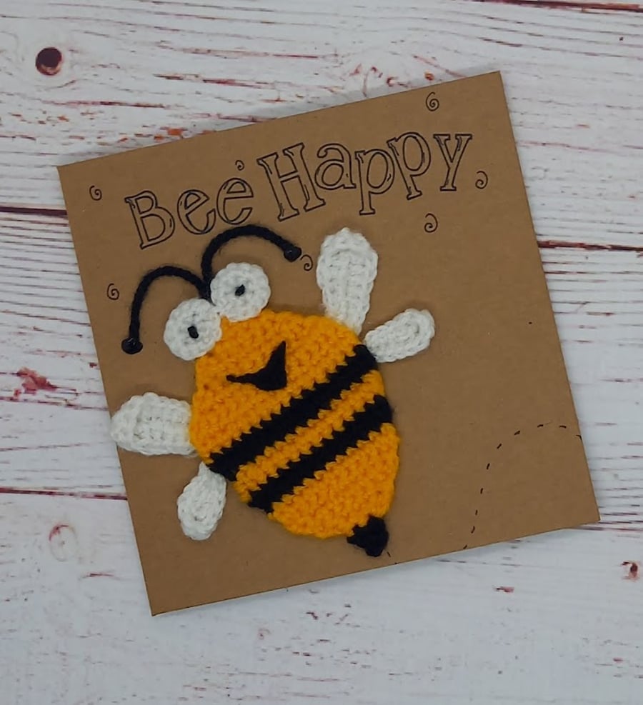 Handmade Crocheted Bee Happy Card - Blank Greetings Card