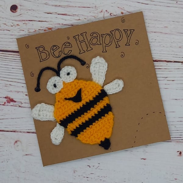 Handmade Crocheted Bee Happy Card - Blank Greetings Card