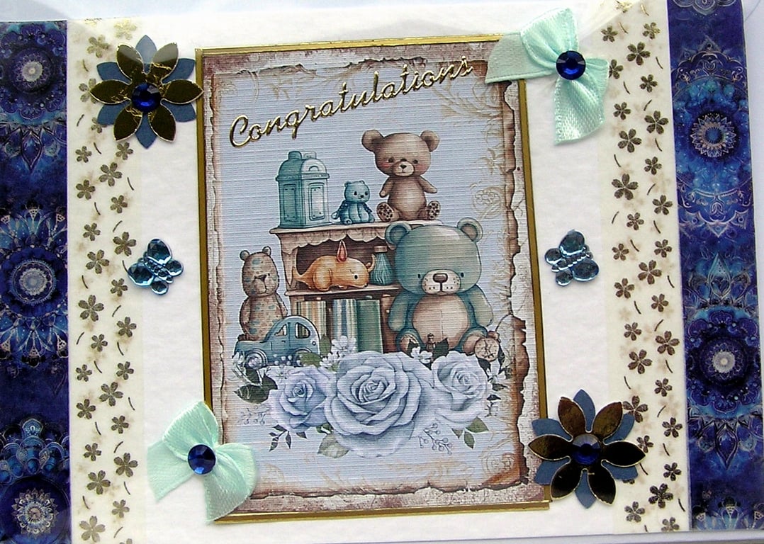 New Baby Boy - Hand Crafted 3D Decoupage Card - Congratulations (3039)