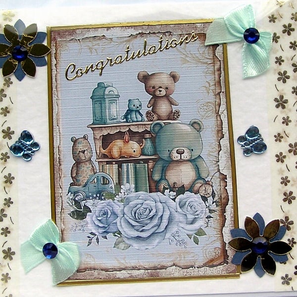New Baby Boy - Hand Crafted 3D Decoupage Card - Congratulations (3039)