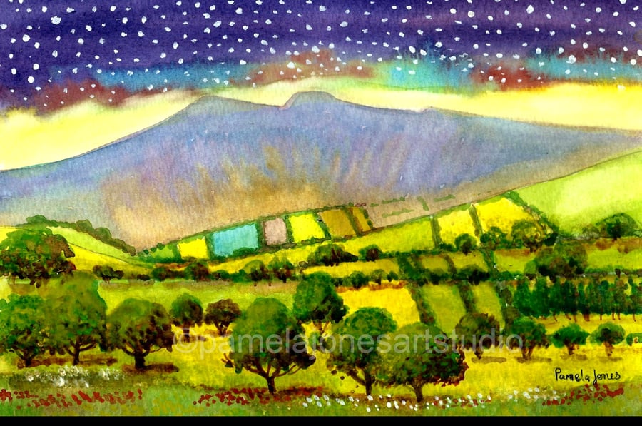 Starry Sky, The Brecon Beacons, Wales, Watercolour Painting in 14 x 11'' Mount
