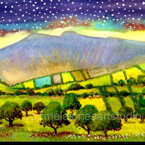 Starry Sky, The Brecon Beacons, Wales, Watercolour Painting in 14 x 11'' Mount