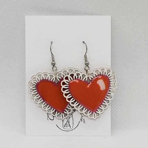 Hand-painted Heart Earrings Resin Coated - Red
