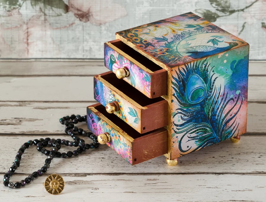 Peacocks Trinket Box, Mini Chest of Drawers, Shabby Chic Style Jewellery Box