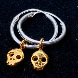 Spooky Skull Gold Detail Hoop Heart Earrings Yellow Gold plated Silver