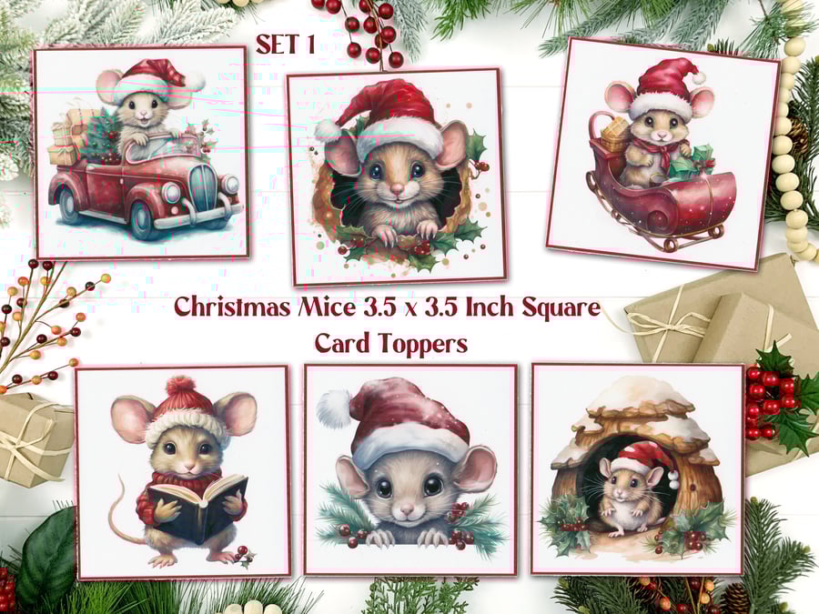 Christmas Mice Square Card Toppers for Card Making, Tags, Scrapbooks