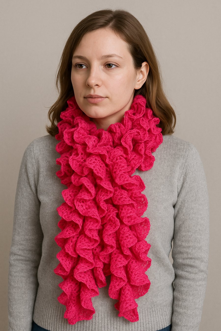 Pink cerise fuchshia ruffle scarf in fashion yarn