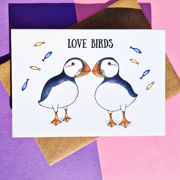 Valentines Day Card, Love Birds, Puffin Design Handmade Anniversary Card